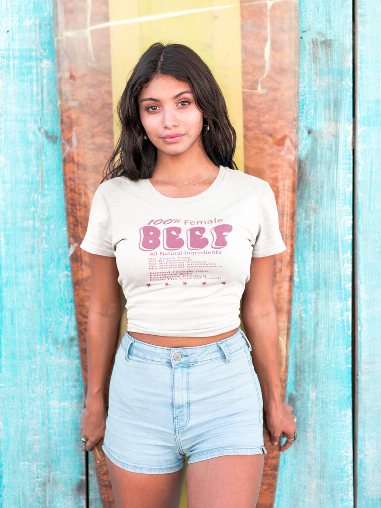 hispanic girl wearing a women 100% female BEEF t-shirt